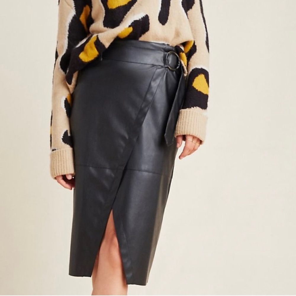 Amadi for Anthropologie Black Pleather Faux Wrap Skirt Size Large